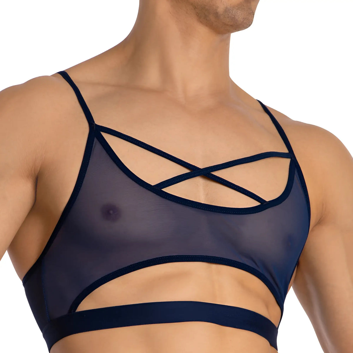 Navy blue sheer mesh bra with crisscross strap design from secret male SMA029 tops and bras collection