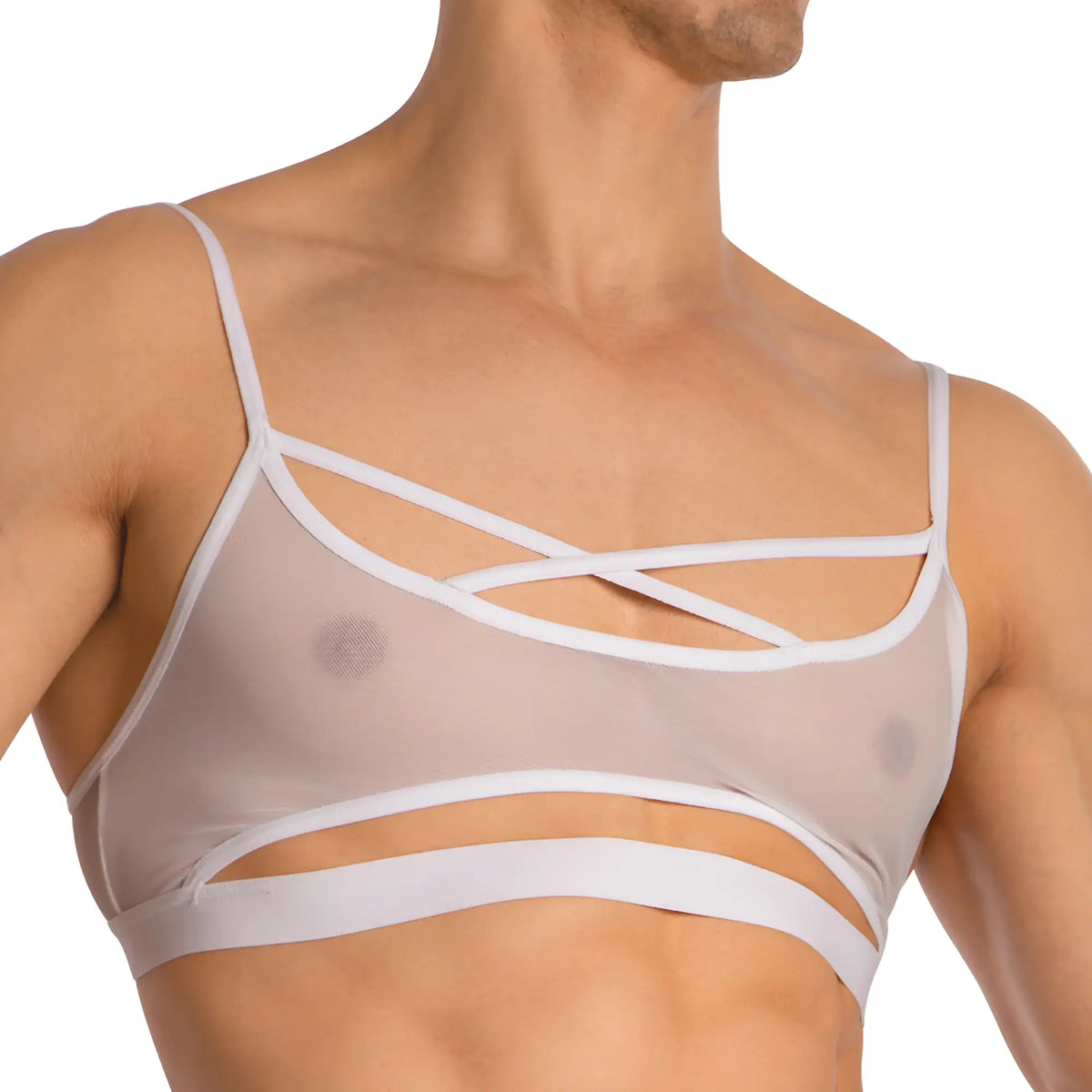 White sheer mesh bra with thin white straps and crisscross detailing from secret male SMA029 tops and bras collection