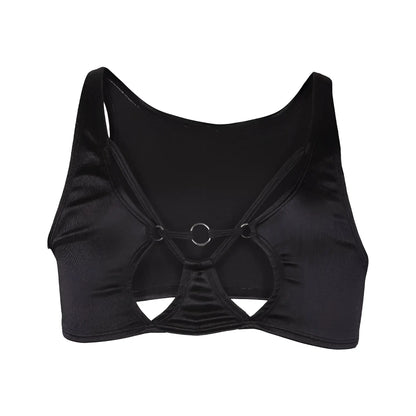 Black satin crop top secret male SMA030 with crisscross straps and central metal ring detail