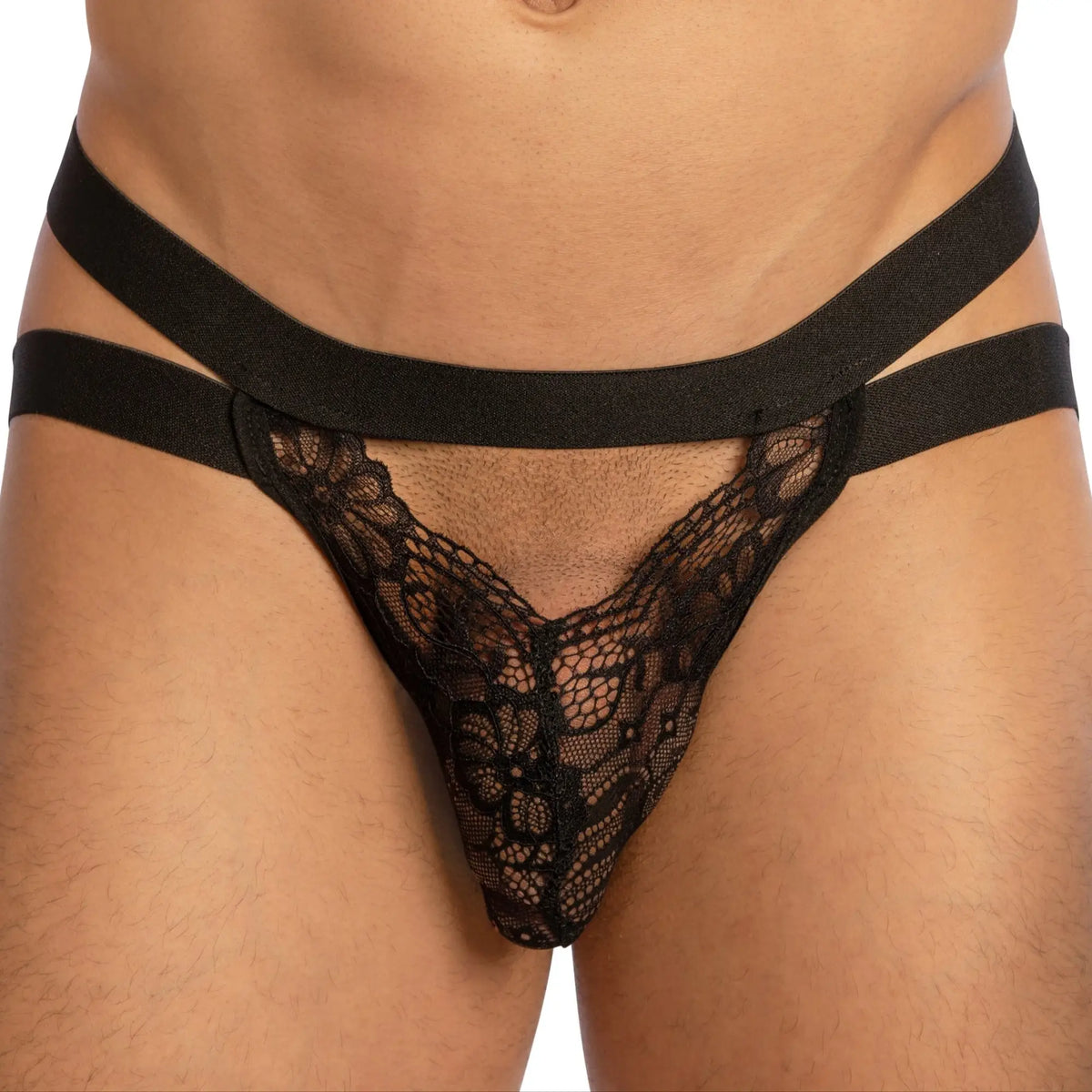 Black lace thong bikini brief with crisscross elastic waistband from secret male smc0014 showing the back side