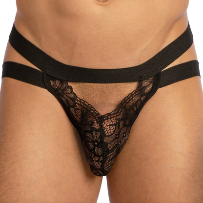 Black lace thong bikini brief with crisscross elastic waistband from secret male smc0014 showing the back side