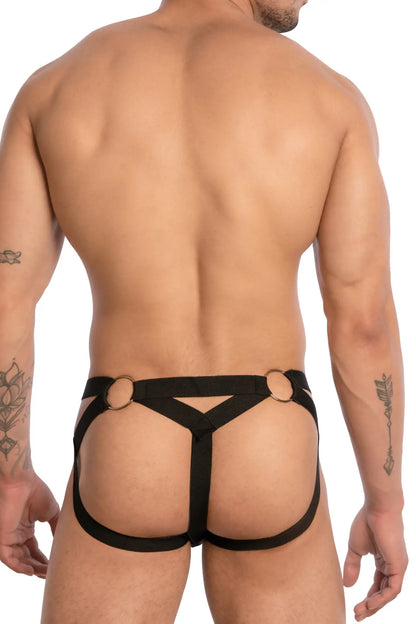 Black leather-like bikini brief with gold-toned circular rings at waistband in secret male smc0014 design
