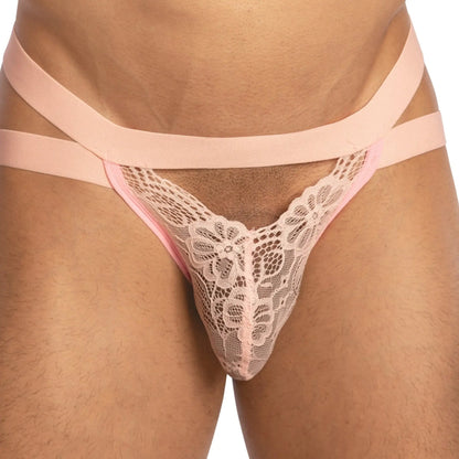 Pink lace thong bikini brief secret male smc0014 with delicate floral patterns and matching elastic straps