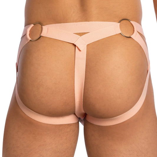 Pink satin harness-style bikini briefs with gold-toned metal rings on sides by secret male smc0014