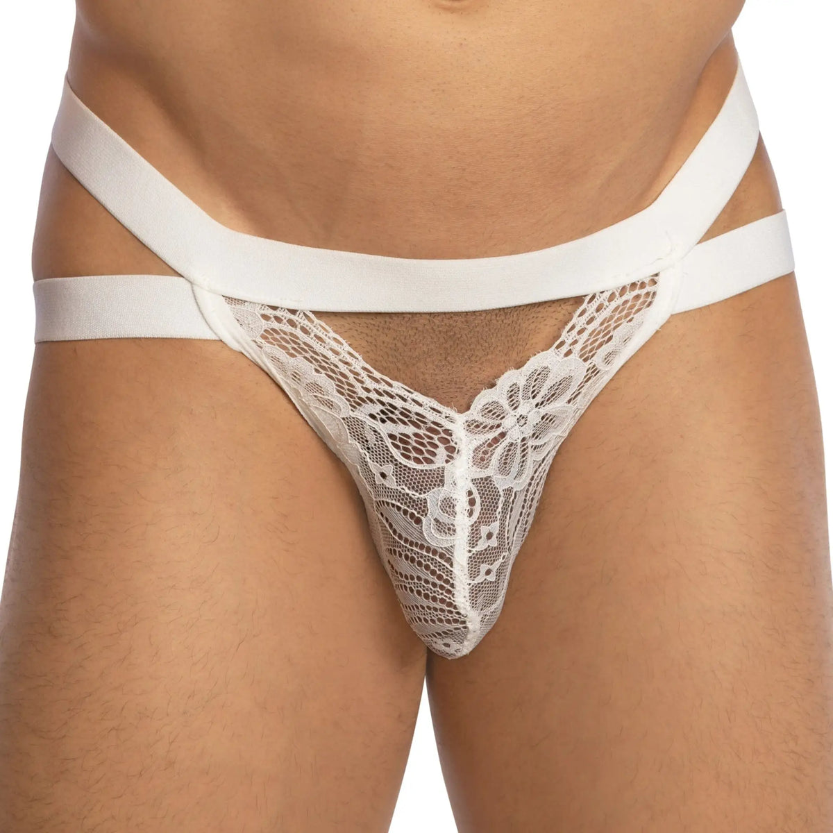 White lace thong bikini brief with floral pattern and wide smooth elastic straps from secret male smc0014