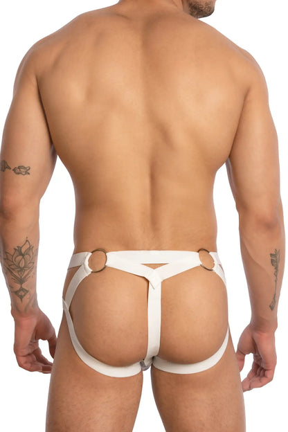 White leather harness bikini brief with gold-toned metal rings showing the back side of secret male smc0014