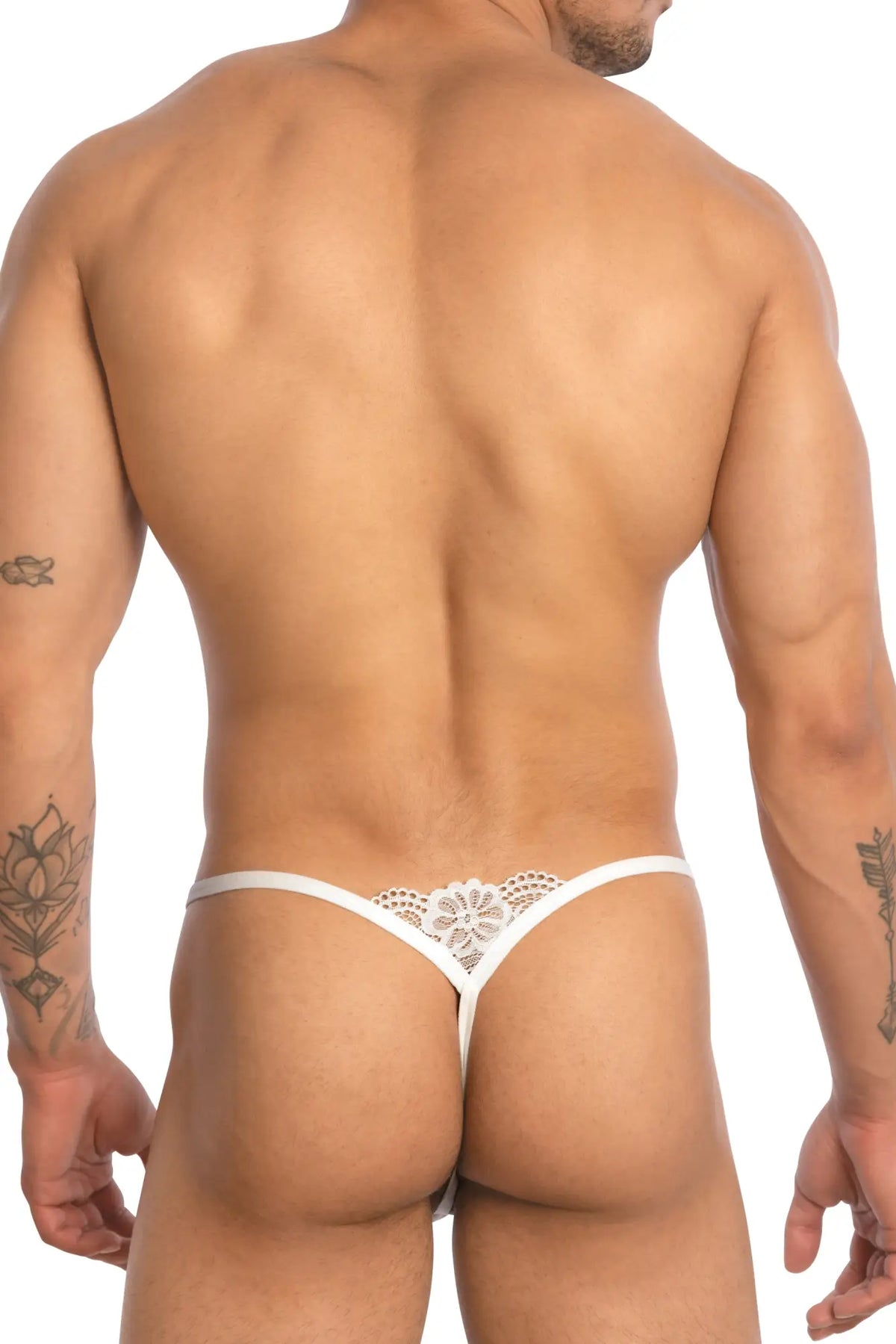 White lace thong with floral design from secret male smc0015 bikini brief collection shown from back side