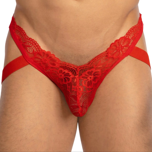 Red lace thong bikini brief with floral patterns and solid red side straps by Secret Male SMC0016