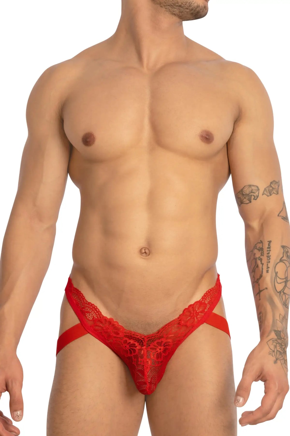 Red lace thong bikini brief with intricate floral patterns and supportive strappy design from secret male smc0016