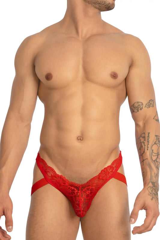 Red lace thong bikini brief with intricate floral patterns and supportive strappy design from secret male smc0016