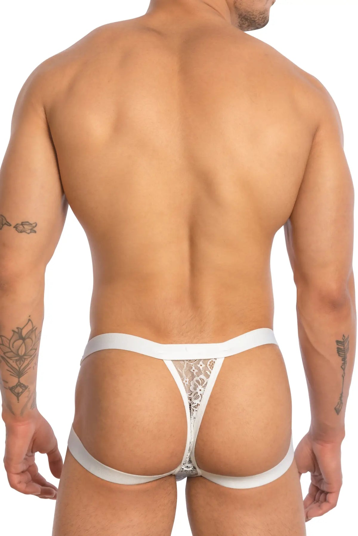 White lace thong bikini brief with wide elastic waistband and leg straps from Secret Male SMC0016 collection