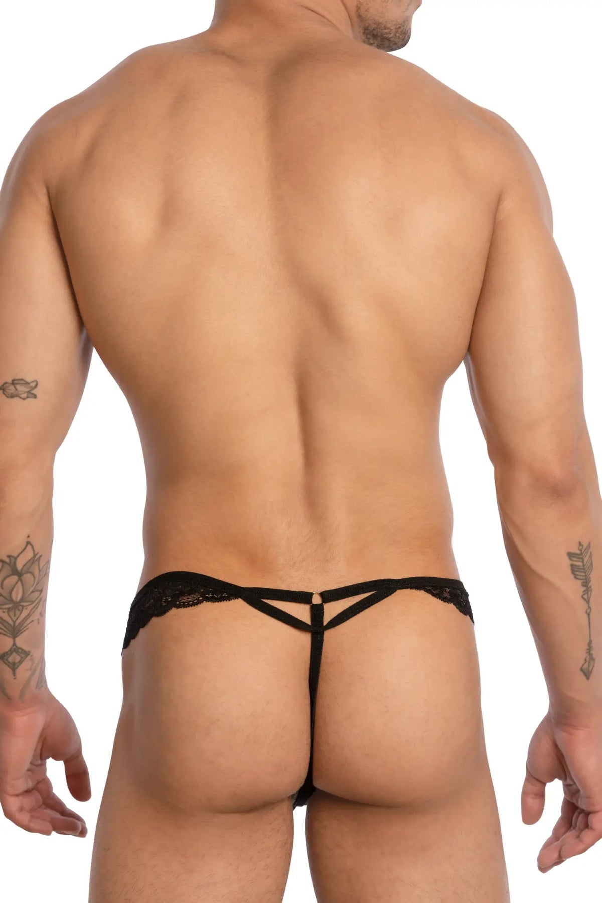 Black lace thong jockstrap secret male smc0017 with central strap and decorative trim shown from the back side