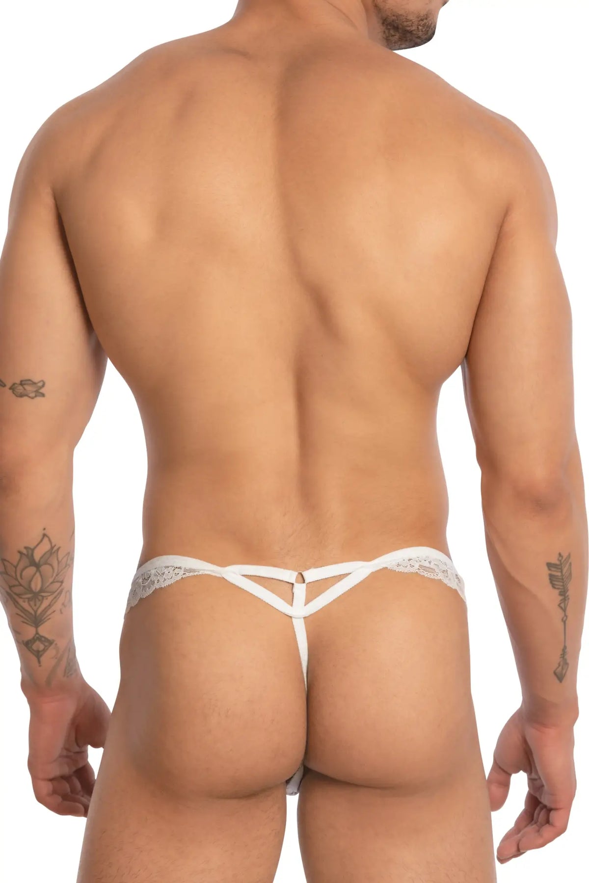 White lace thong jockstrap secret male smc0017 with triangular design and delicate detailing in front view