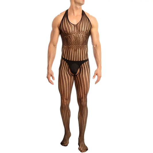 Secret male smc002 black and tan striped mesh bodysuit with halter neckline lace detailing and matching leg coverings