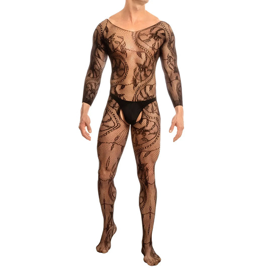 Black lace Secret Male SMC004 bodysuit and harness with intricate floral and scrollwork patterns on sheer mesh base