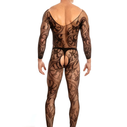 Black lace secret male smc004 bodysuit and harness with intricate floral patterns and mesh texture