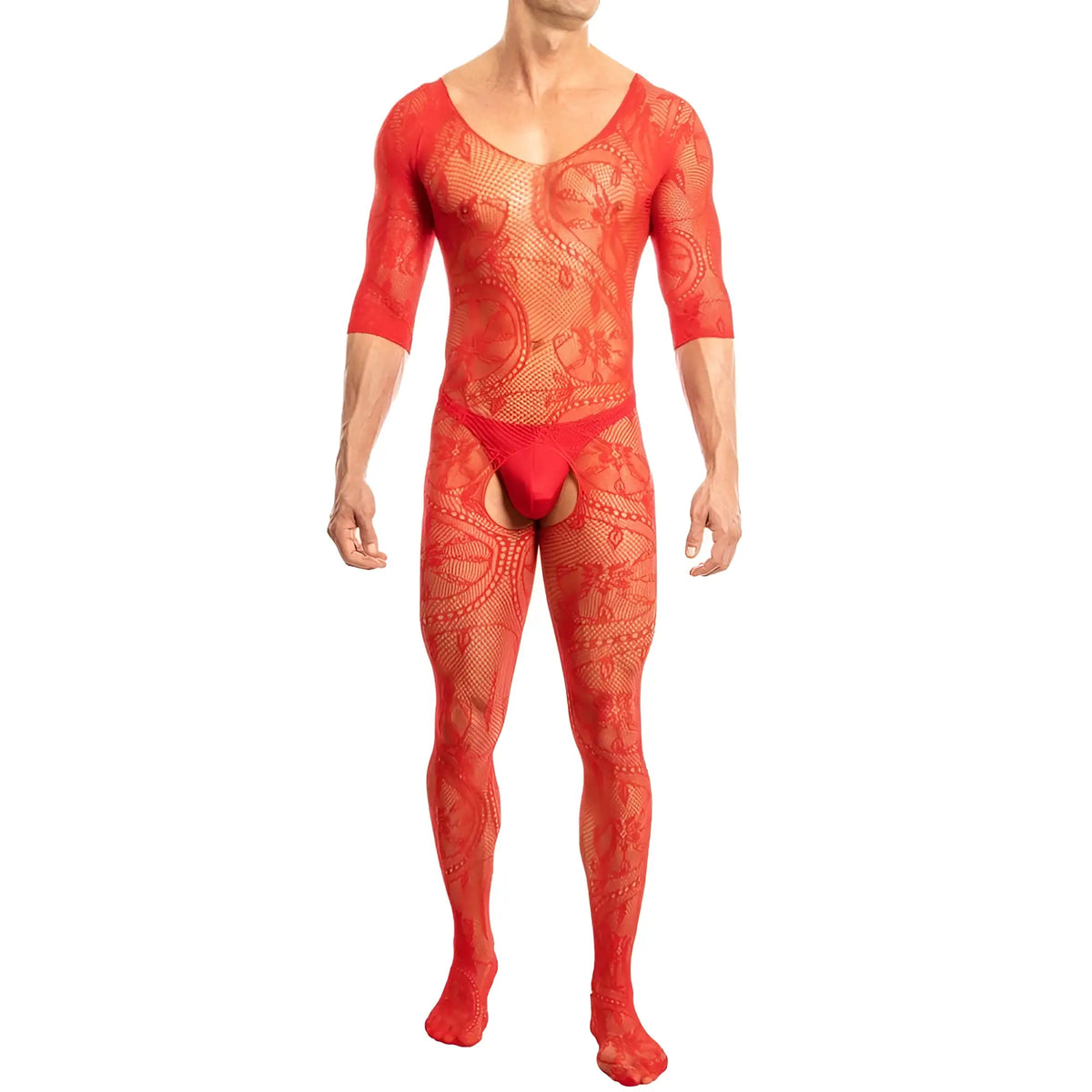 Red lace bodysuit with intricate paisley pattern and three-quarter sleeves from Secret Male smc004 collection