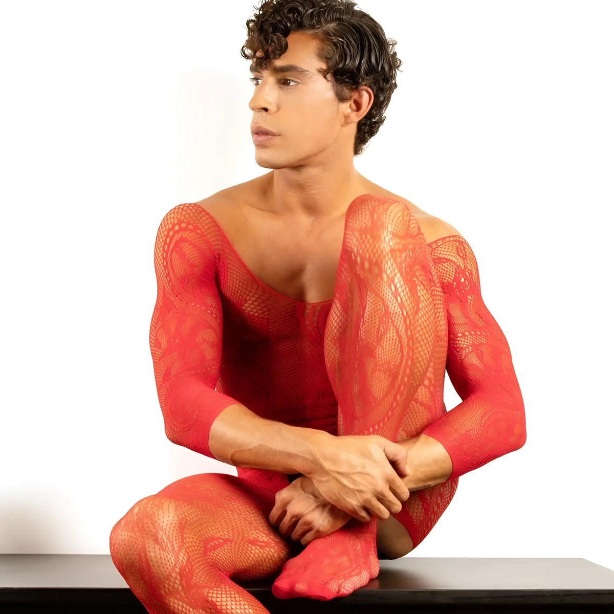 A vibrant red full-body lace bodysuit with fitted design and intricate pattern in secret male smc004 style