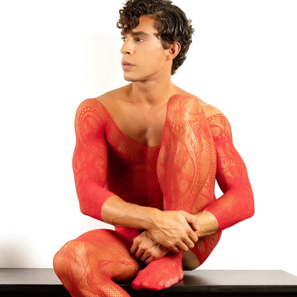 A vibrant red full-body lace bodysuit with fitted design and intricate pattern in secret male smc004 style