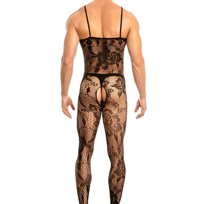 Secret male smc007 black lace bodysuit with floral pattern and mesh fabric designed with harness details