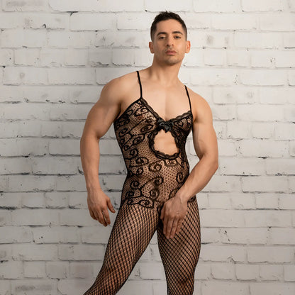 Black lace bodysuit with decorative bow at the chest and fishnet stockings from secret male smc009 bodysuit and harness set