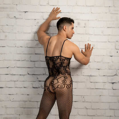 Black lace secret male smc009 bodysuit and harness with intricate floral patterns and fishnet mesh detailing