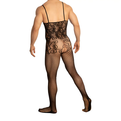 Black lace bodysuit with mesh pattern and thin straps from Secret Male SMC009 bodysuit and harness collection