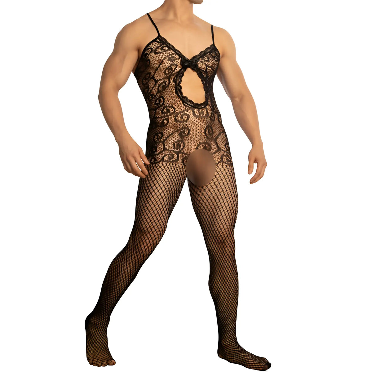 Black lace secret male smc009 bodysuit and harness with sheer mesh overlay and fishnet pattern