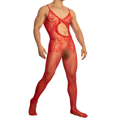 Red lace secret male smc009 bodysuit with mesh overlay and decorative bow at the front in a harness style