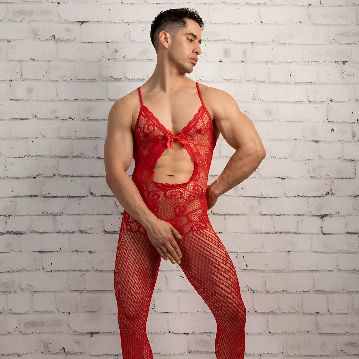 Secret Male SMC009 red lace bodysuit with mesh overlay and front bow detail for stylish intimate wear