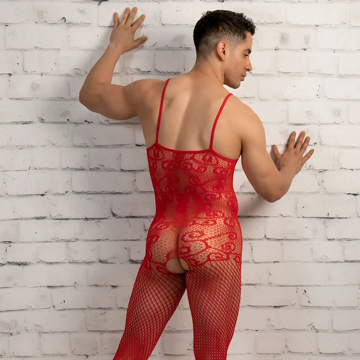 Red lace secret male smc009 bodysuit and harness with sheer patterned design and fishnet mesh legs