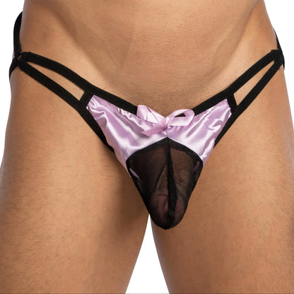 Secret male SMC013 bikini brief in black and pink satin with sheer mesh front panel and center pink bow