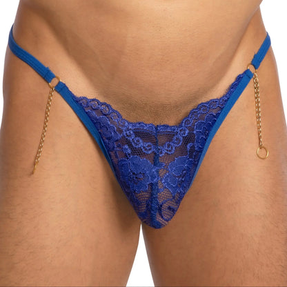 Blue lace thong bikini brief with gold chain detailing from secret male smc015 collection front view