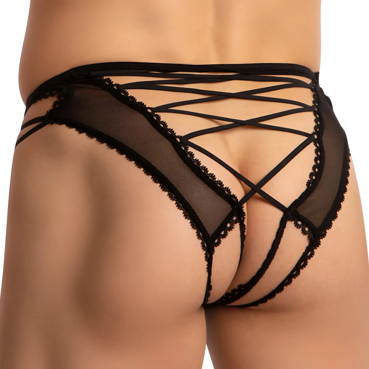 Black lace-trimmed sheer mesh thong with crisscrossing elastic straps in secret male sme004 jockstrap back view