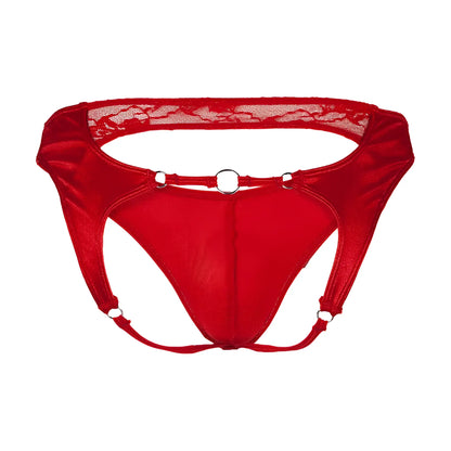 Red satin thong jockstrap with lace trim and metal rings showing front view for men by secret male sme007