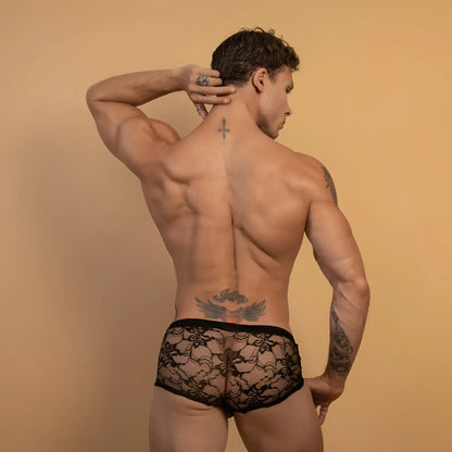 Black lace boxer trunk from secret male smg001 with floral pattern and elastic waistband for comfortable fit