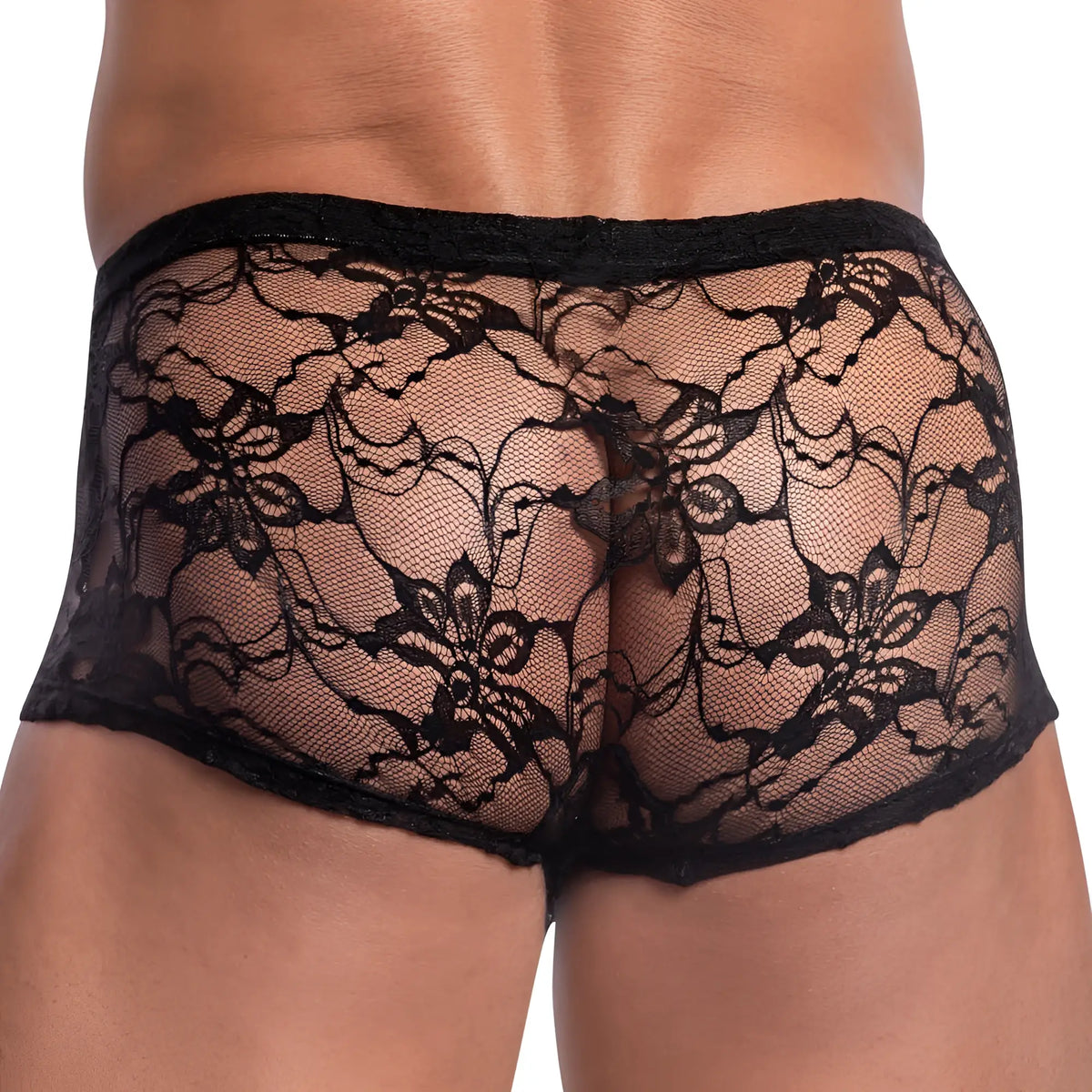 Black lace secret male smg001 boxer trunk with intricate floral patterns and sheer delicate design front view