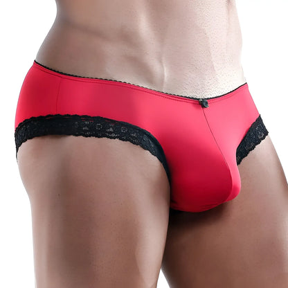 Vibrant red satin secret male smi012 bikini brief with black lace trim and a small metallic clasp