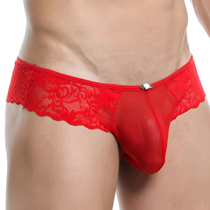 Red lace thong bikini brief with sheer mesh front and white rose clasp from secret male smi022 collection