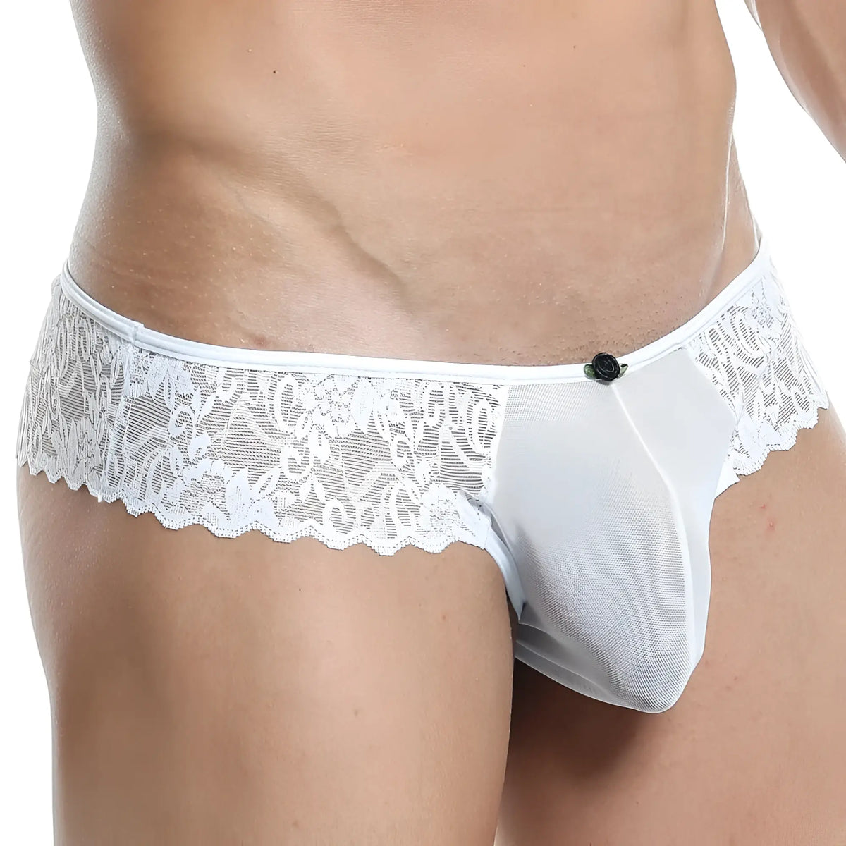 White lace-trimmed mesh bikini briefs with black rose-shaped clasp from secret male smi022 collection
