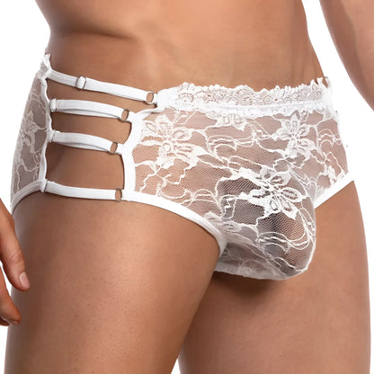 White lace secret male smi029 bikini brief with floral patterns and multiple adjustable straps shown from the back