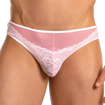 Pink sheer lace thong bikini brief with white floral detailing and matching waistband from secret male smi031 collection