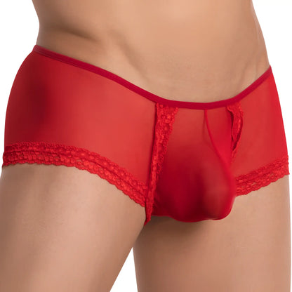 Red sheer lace-trimmed menâ€™s Secret Male SMI039 bikini brief with mesh design and reinforced waistband