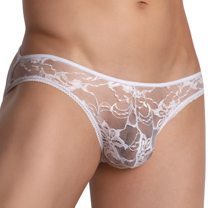 White lace thong secret male SMI047 bikini brief with intricate floral patterns and sheer mesh design
