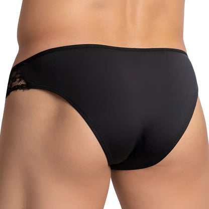 Black lace-trimmed secret male smi050 bikini brief with smooth fabric and delicate mesh side detailing