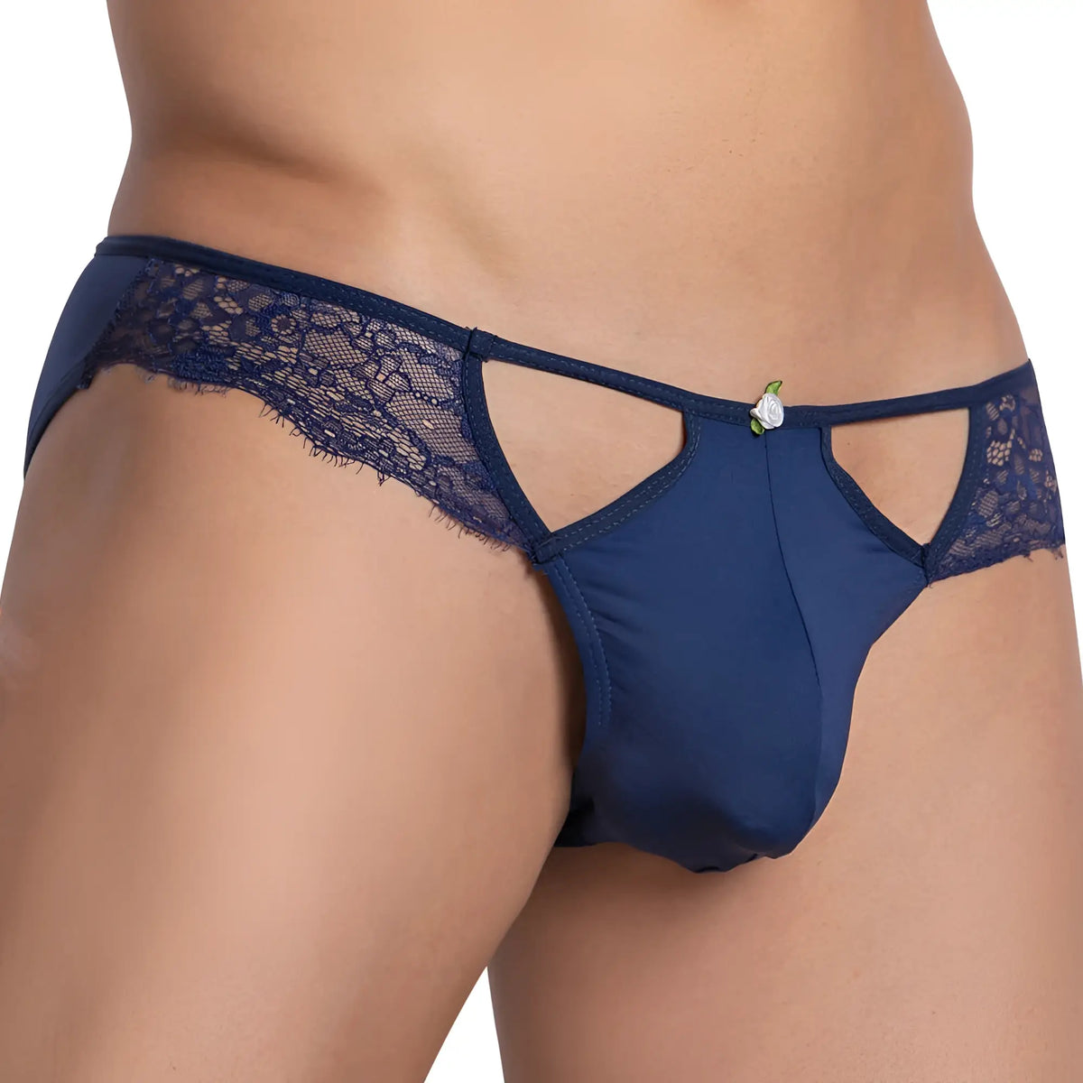 Navy blue lace-trimmed menâ€™s thong with a small white floral accent from Secret Male SMI050 bikini brief collection
