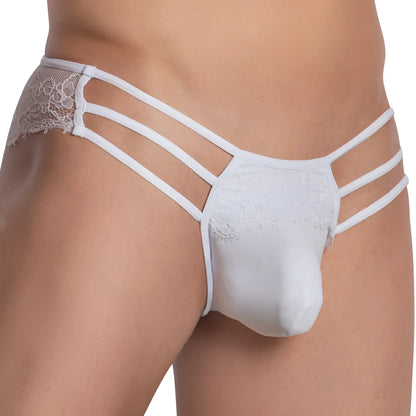 White lace-trimmed menâ€™s thong secret male smi051 bikini brief with three thin straps and smooth form-fitting design