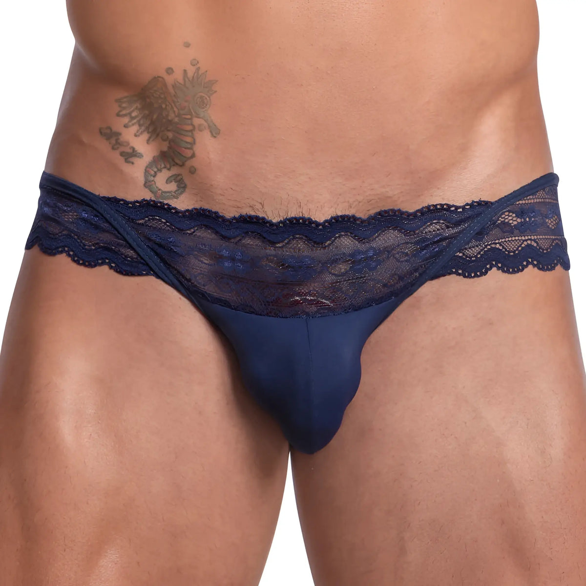 Navy blue lace thong bikini brief secret male SMI052 featuring sheer patterned design and smooth fabric body