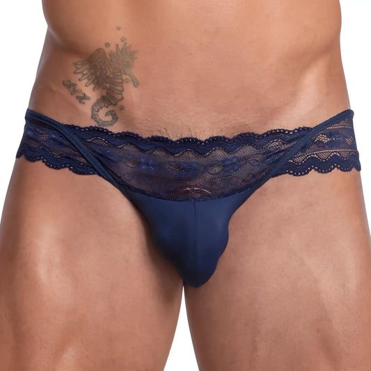 Navy blue lace thong bikini brief secret male SMI052 featuring sheer patterned design and smooth fabric body