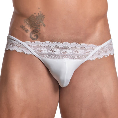White lace-trimmed Secret Male SMI052 bikini brief with sheer delicate floral pattern along the waistband